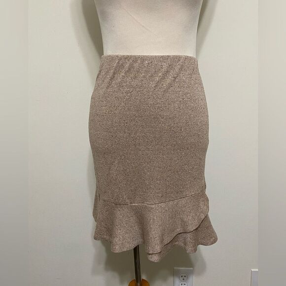 Express Tweed Texture Skirt Ruffle Peplum Hem Pull On Stretch Tan Brown size XS - Picture 4 of 16
